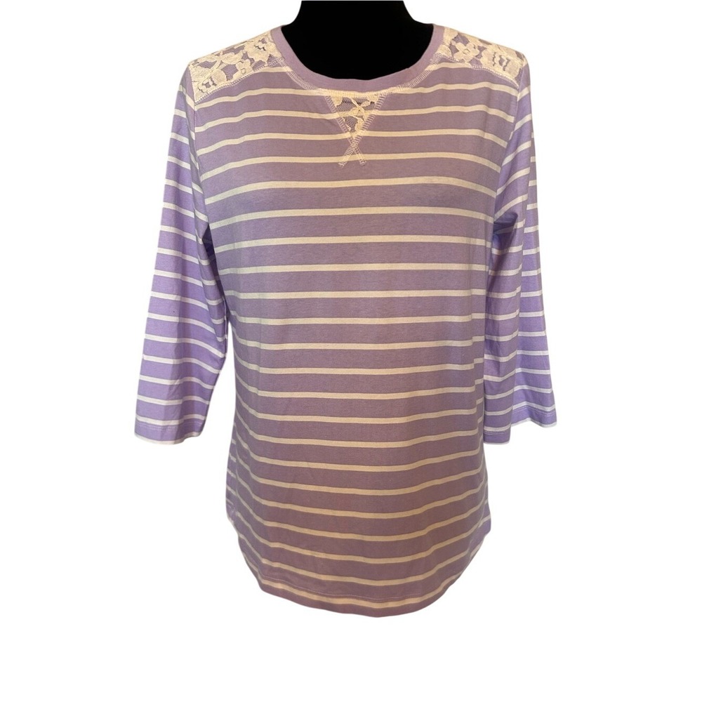 NWOT d&co Striped Lavender & White Lace Shoulder Women's Top‎ Blouse Size Small
